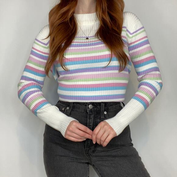 Vintage Company Collection Medium Ivory & Lilac Pastel Stripe Mockneck Sweater - Picture 2 of 11
